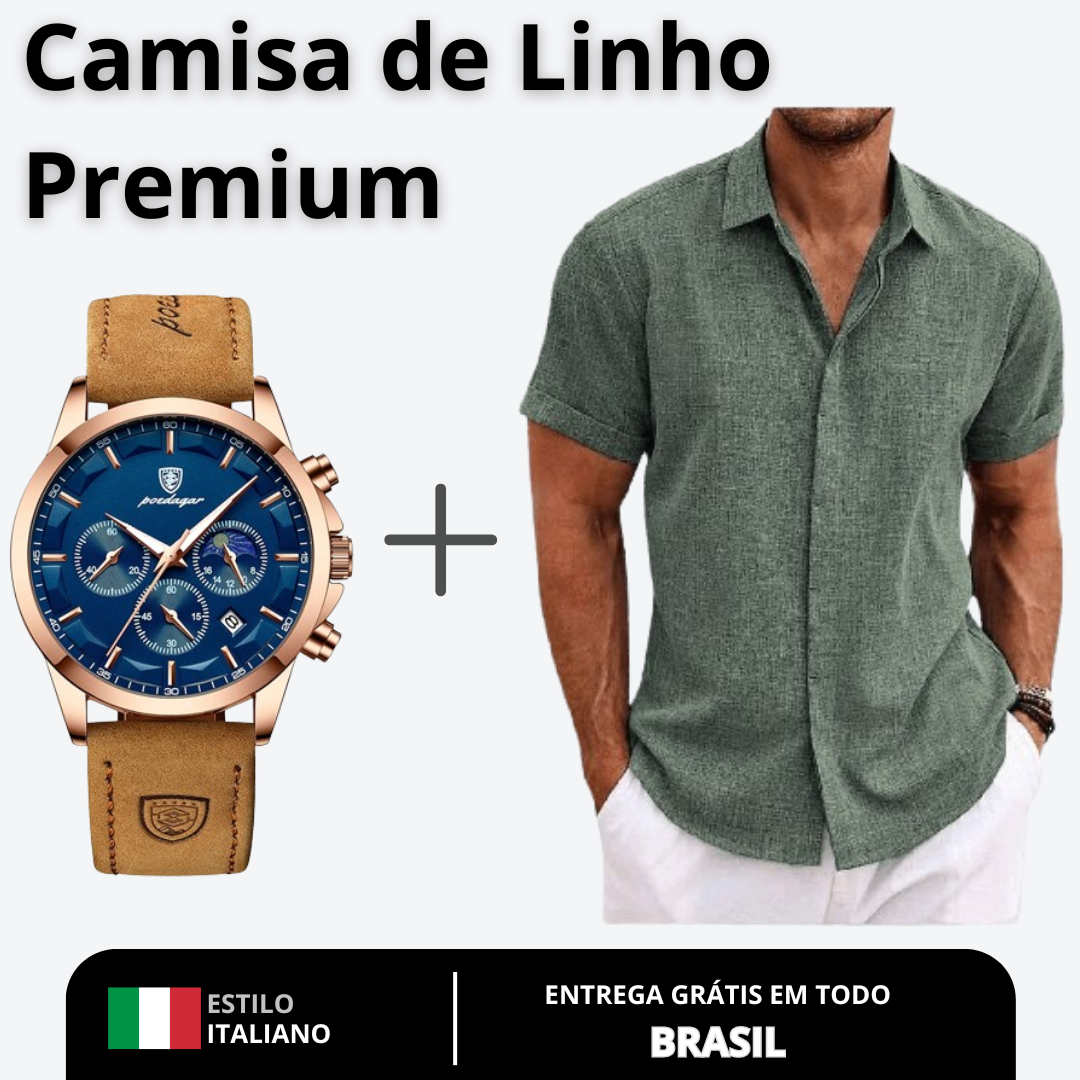 Camisa Manga Curta OLIVER 70% Linho + Relógio de Brinde